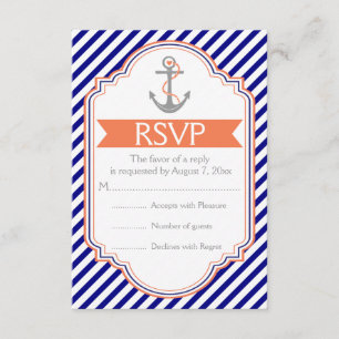 Navy blue, coral anchor nautical wedding RSVP Card