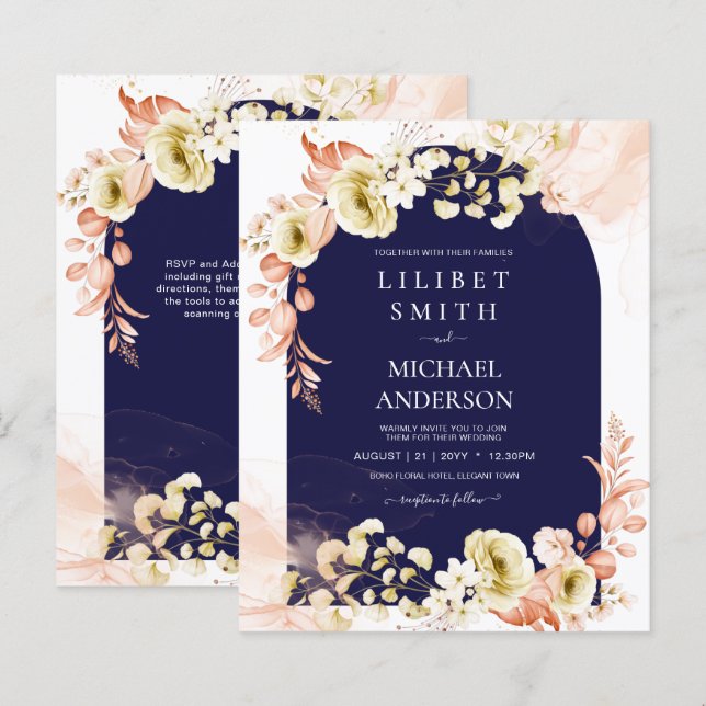 Navy Blue Coral Boho Floral Wedding Invites (Front/Back)