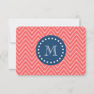 Navy Blue, Coral Chevron Pattern   Your Monogram Card