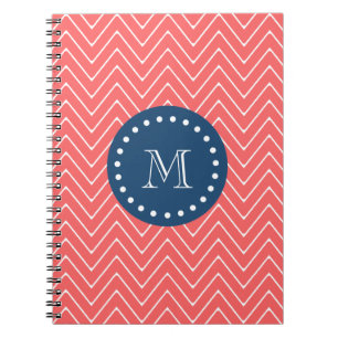 Navy Blue, Coral Chevron Pattern   Your Monogram Notebook