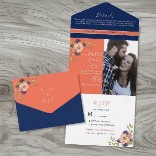 Navy Blue Coral Floral Photo Wedding All In One Invitation