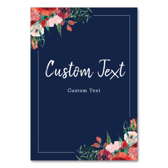 Navy Blue Coral Floral Reserved Wedding Sign Table Table Number (Front)