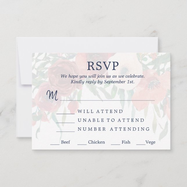 Navy Blue Coral Floral RSVP Meal Choice Wedding (Front)