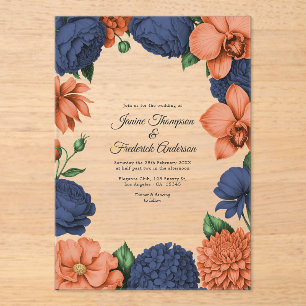 Navy Blue & Coral Modern Botanical Wedding Acrylic Invitations