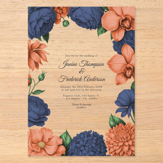 Navy Blue & Coral Modern Botanical Wedding Acrylic Invitations (Front)