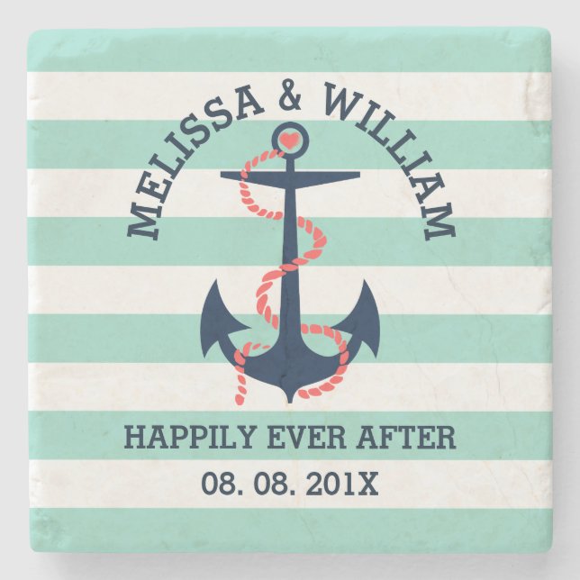 Navy Blue &Coral Nautical Boat Anchor With Stripes Stone Coaster (Front)