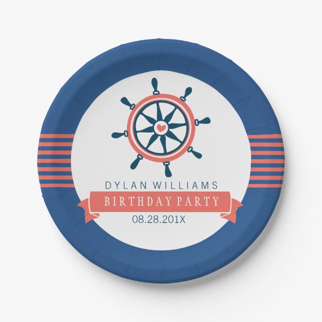 Navy Blue & Coral Nautical Boat Wheel & Stripes Paper Plate (Front)