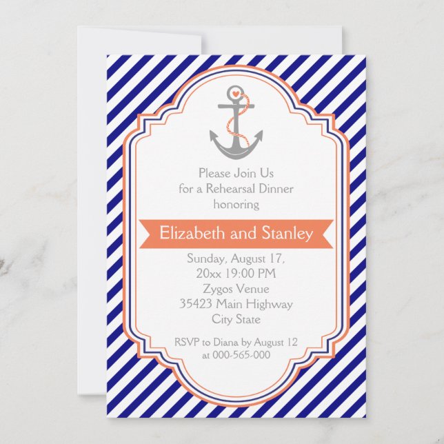 Navy blue, coral nautical wedding rehearsal dinner invitation (Front)