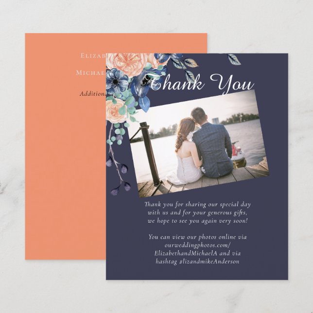 Navy Blue Coral Orange Wedding Thank You (Front/Back)