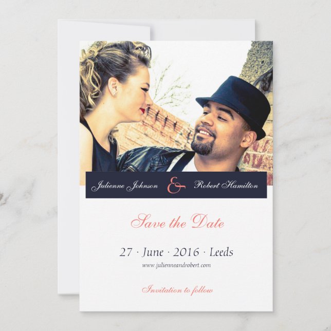 Navy Blue Coral Photo Wedding Save the Date (Front)