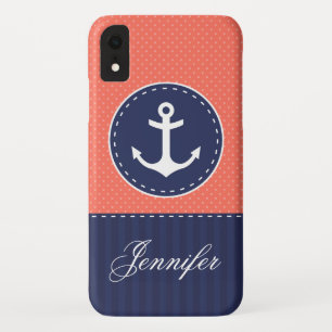 Navy Blue Coral Pink Pattern Anchor Customizable iPhone XR Case
