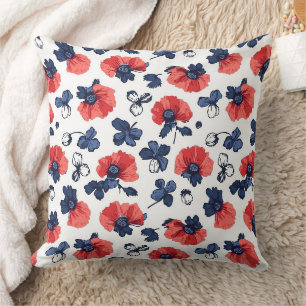 Navy Blue & Coral Poppy Floral Vintage Throw Pillow