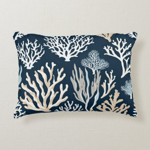 Navy Blue Coral Reef Sealife Ocean Coastal  Accent Pillow