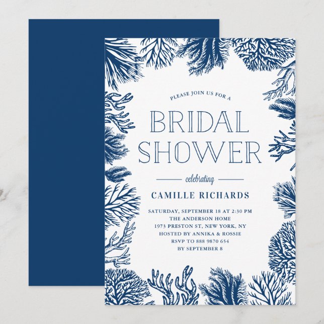 Navy Blue Coral Reefs Frame Nautical Bridal Shower Invitation (Front/Back)