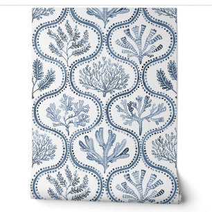 Navy Blue Coral & Seaweed Ogee Coastal Nautical Wallpaper