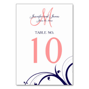 Navy Blue Coral Swirls Wedding Table Number Card