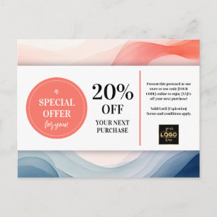 Navy Blue Coral Watercolor Coupon Discount Postcard
