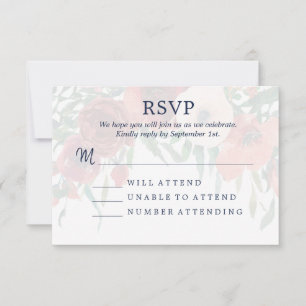 Navy Blue Coral Watercolor Floral RSVP Wedding