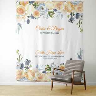Navy Blue Coral Watercolor Floral Wedding Backdrop Tapestry