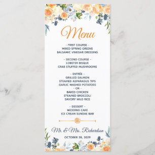 Navy Blue Coral Watercolor Floral Wedding Menu