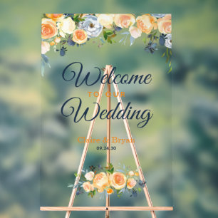 Navy Blue Coral Watercolor Floral Wedding Welcome Acrylic Sign