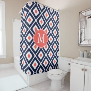 Navy Blue, Coral, White Ikat Diamond Pattern