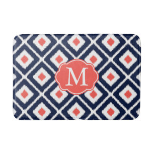 Navy Blue, Coral, White Ikat Diamond Pattern Bath Mat