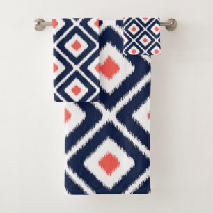 Navy Blue, Coral, White Ikat Diamond Pattern Bath Towel Set