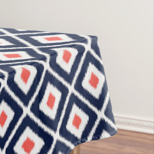 Navy Blue, Coral, White Ikat Diamond Pattern Tablecloth