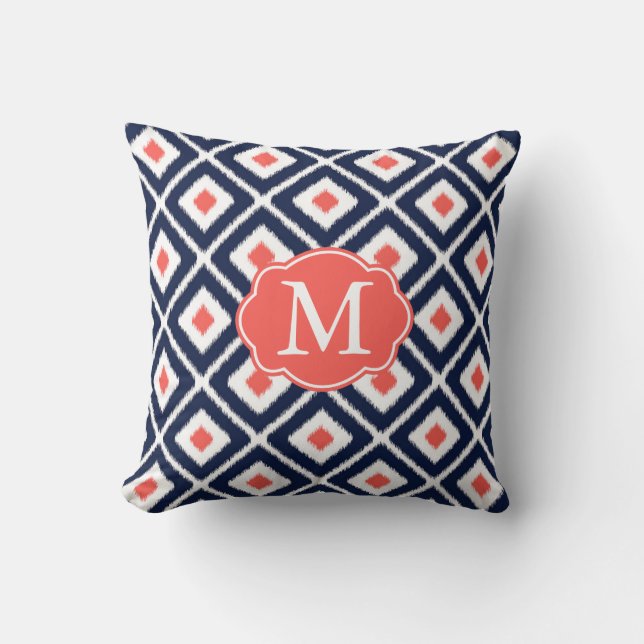 Navy Blue, Coral, White Ikat Diamond Pattern Throw Pillow (Front)