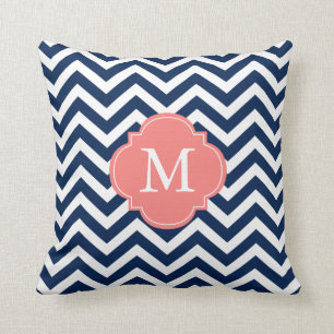 Navy Blue Coral Zigzag Pattern Monogram Throw Pillow
