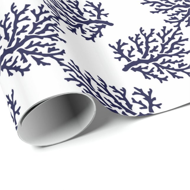 Navy blue corals on a white background tissue pape wrapping paper (Roll Corner)