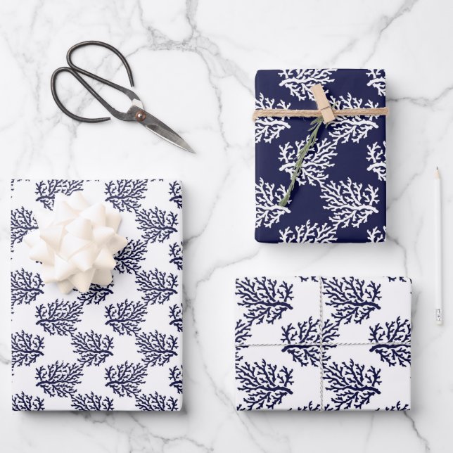 Navy blue corals on a white background wrapping pa paper sheet (Front)