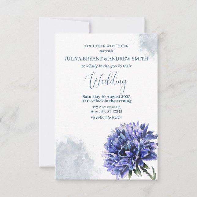 Navy Blue Cornflower Floral simple wedding  Invitation (Front)