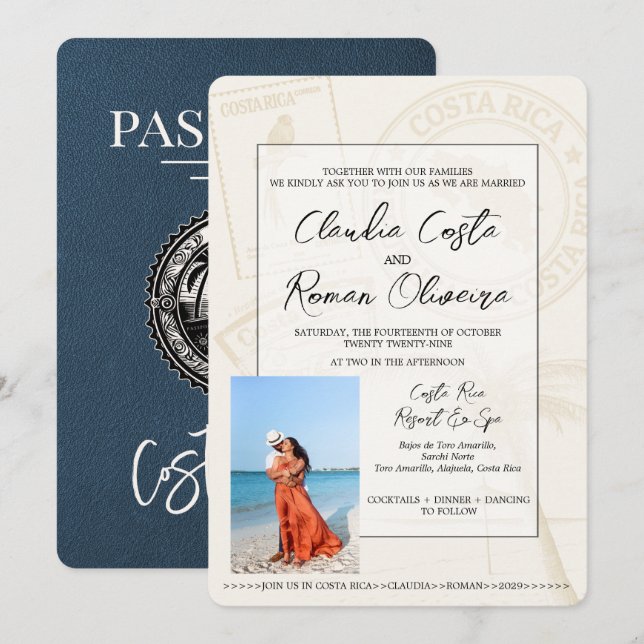 Navy Blue Costa Rica Passport Wedding Invitation (Front/Back)