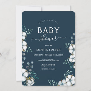 Navy Blue cotton flowers elegant Baby Shower Invitation