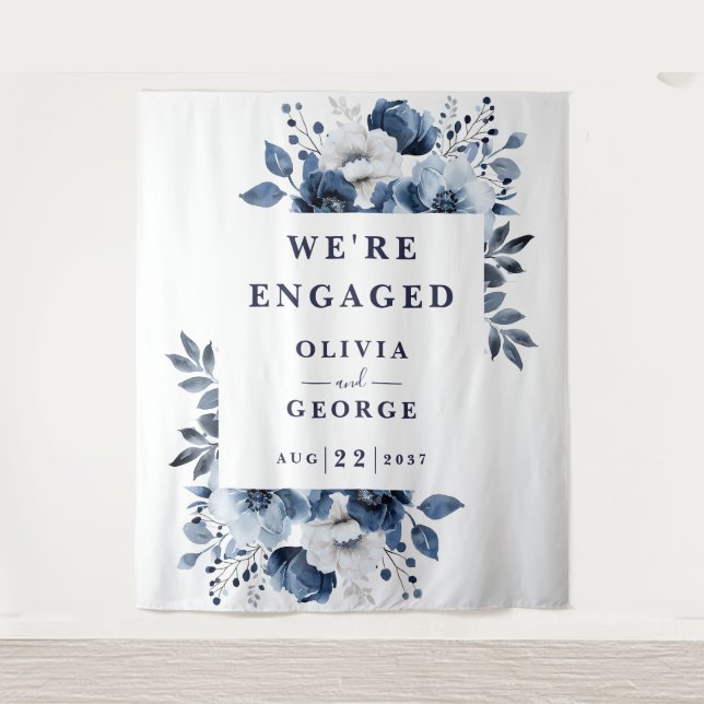 Navy Blue Country Floral Engagement Party Backdrop Tapestry (Front)