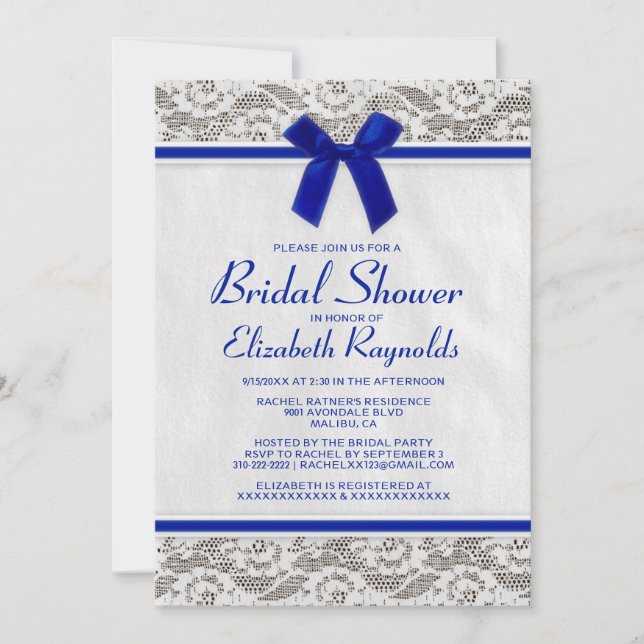 Navy Blue Country Lace Bridal Shower Invitations (Front)