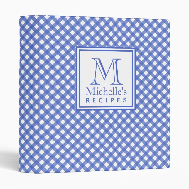 Navy Blue Country Style Gingham Pattern Monogram Binder (Front/Spine)