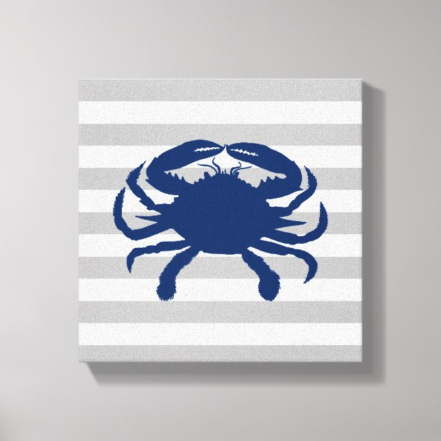 Navy Blue Crab Grey and White Stripes Canvas Print (Front)