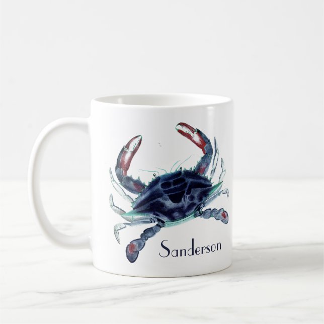 Navy blue crab nautical coastal coffee mug (Left)