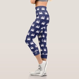 Navy Blue Crab Pattern Nautical Personalize Beach Capri Leggings