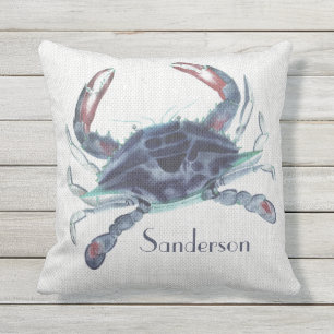 Navy blue crab watercolor nautical coastal round outdoor pillow