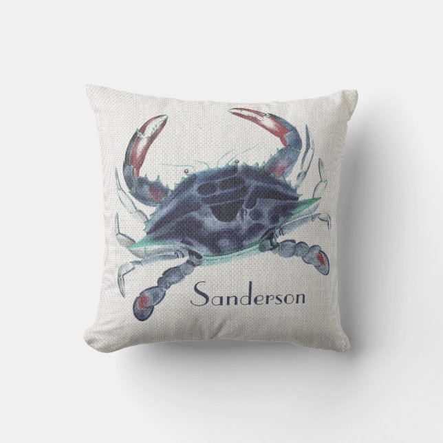 Navy blue crab watercolor nautical coastal   throw pillow (Front)