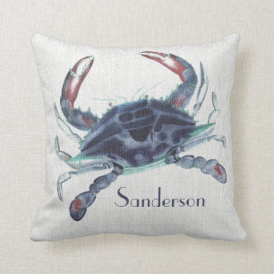 Navy blue crab watercolor nautical coastal   throw pillow