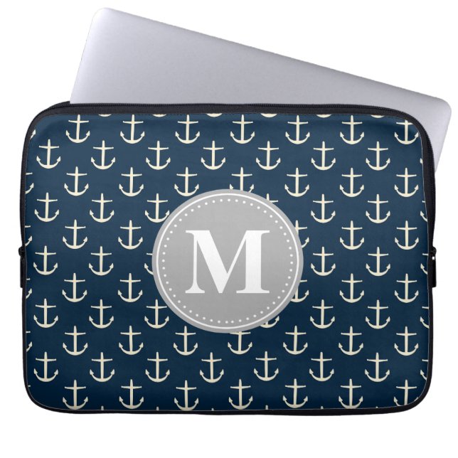 Navy Blue Cream Anchor Pattern Grey Monogram Laptop Sleeve (Front)