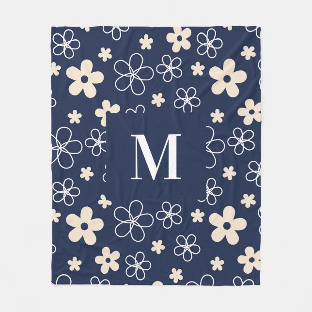 Navy blue cream flower pattern retro fleece blanket (Front)