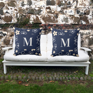 Navy blue cream flower pattern retro throw pillow
