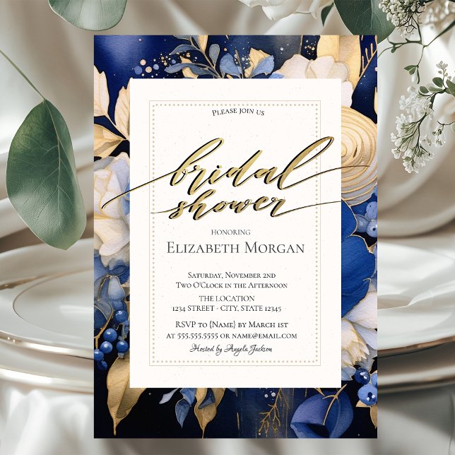 Navy Blue Cream Flowers Bridal Shower  Invitation (Creator Uploaded)