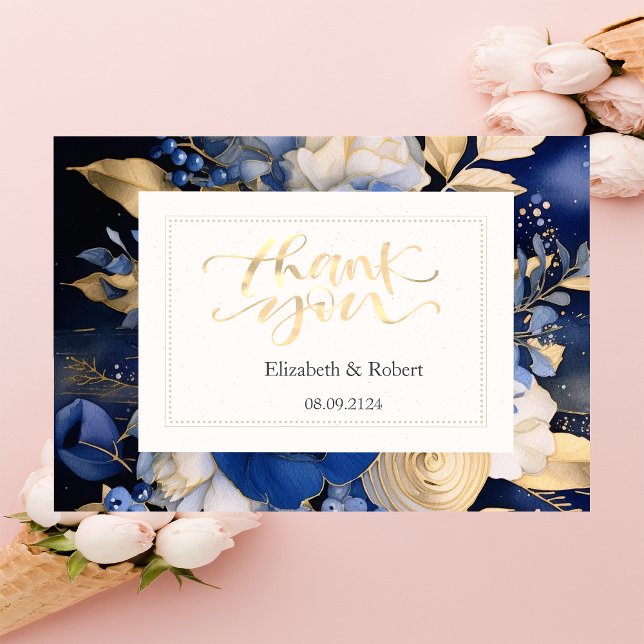 Navy Blue Cream Flowers Thank You Card (Creator Uploaded)